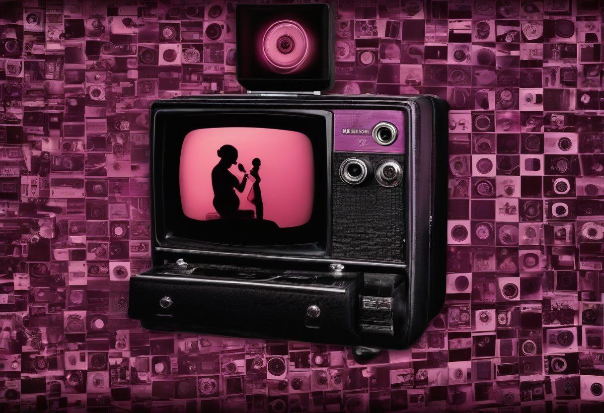 A dynamic collage illustrating the evolution of erotic content, starting with vintage film reels on one side, transitioning to modern intimate webcam shows on the other. Include silhouettes of various devices like vintage cameras, modern laptops, and smartphones showcasing sensual imagery. The background should blend seductive reds and purples symbolizing passion and intimacy. Add subtle hints of technology, like circuit patterns, to connect the past and present. surrealistic. vibrant colors. dynamic composition.